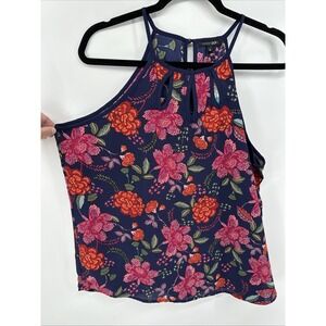 Papermoon Womens Halter Tank Top Speghetti Strap Keyhole Size XL Navy Floral NEW